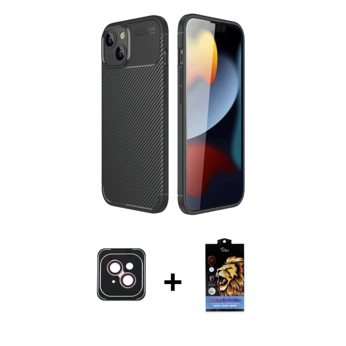 MARSİLYAN™- iPhone 14 Kılıf Eksen Form Prime - Siyah Buffer Hayalet Cam Ekran Koruyucu + PVD Metal Kamera Lens - PE