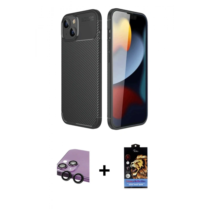 MARSİLYAN™- iPhone 14 Kılıf Eksen Form Prime - Siyah Buffer Hayalet Cam Ekran Koruyucu + Raze Metal Kamera Lens - SH