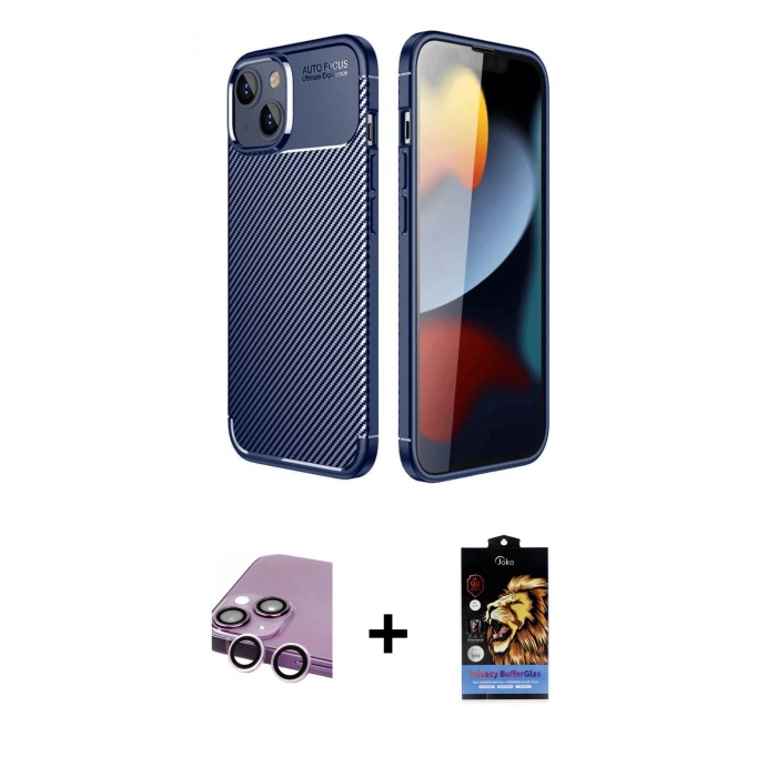 MARSİLYAN™- iPhone 14 Kılıf Eksen Form Prime - Siyah Buffer Hayalet Cam Ekran Koruyucu + Raze Metal Kamera Lens - MR