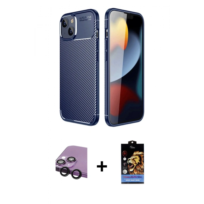 MARSİLYAN™- iPhone 14 Kılıf Eksen Form Prime - Siyah Buffer Hayalet Cam Ekran Koruyucu + Raze Metal Kamera Lens - SH
