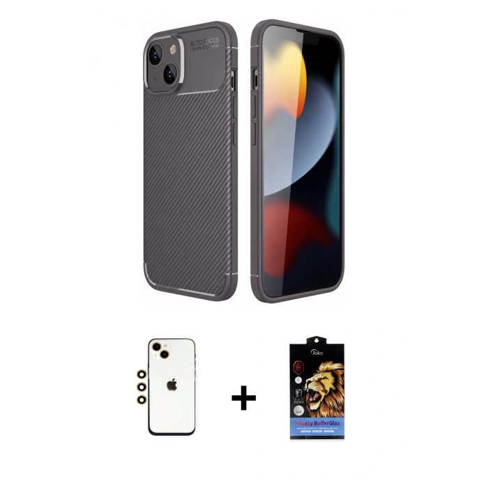 MARSİLYAN™- iPhone 14 Kılıf Eksen Form Prime - Siyah Buffer Hayalet Cam Ekran Koruyucu + Shine Kamera Lens - GD