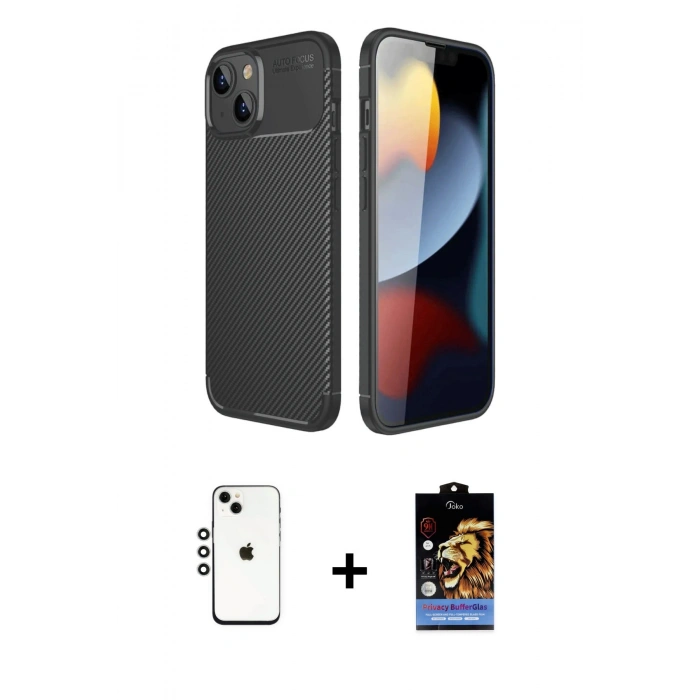 MARSİLYAN™- iPhone 14 Kılıf Eksen Form Prime - Siyah Buffer Hayalet Cam Ekran Koruyucu + Shine Kamera Lens - GS