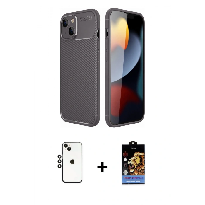 MARSİLYAN™- iPhone 14 Kılıf Eksen Form Prime - Siyah Buffer Hayalet Cam Ekran Koruyucu + Shine Kamera Lens - SH