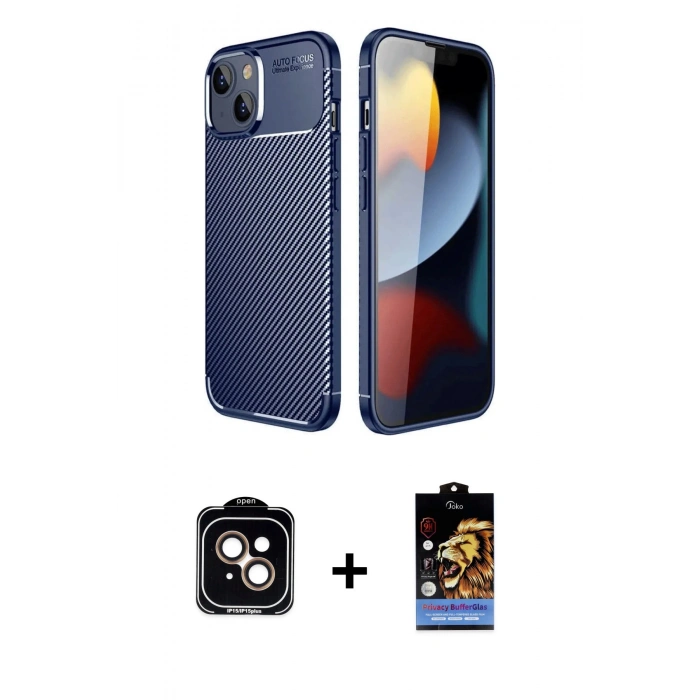 MARSİLYAN™- iPhone 14 Kılıf Eksen Form Prime - Siyah Buffer Hayalet Cam Ekran Koruyucu + Turuncu PVD Metal Kamera Lens