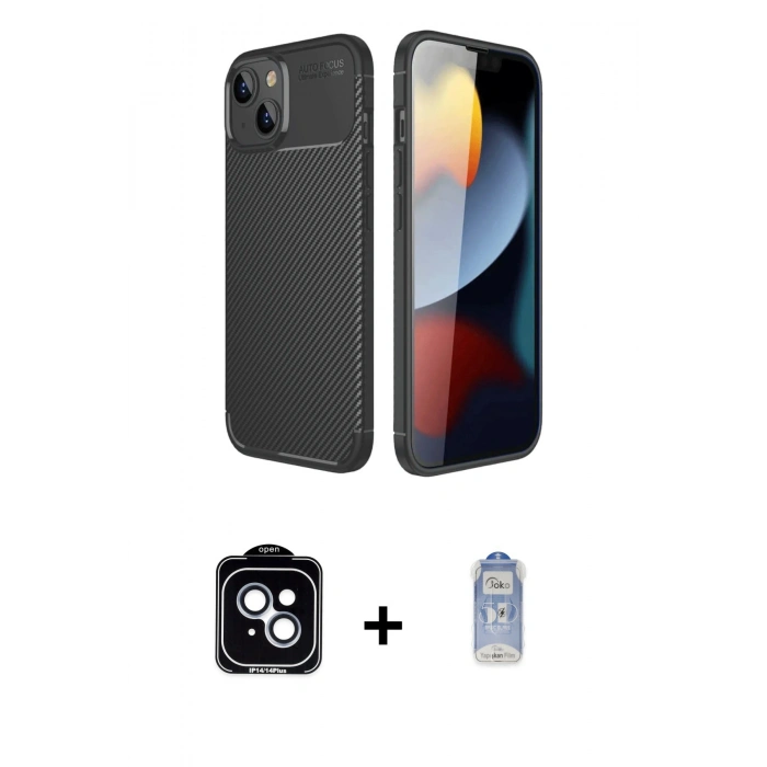 MARSİLYAN™- iPhone 14 Kılıf Eksen Form Prime - Siyah Joko Magic 5D Cam + PVD Metal Kamera Lens - MI