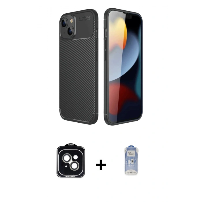 MARSİLYAN™- iPhone 14 Kılıf Eksen Form Prime - Siyah Joko Magic 5D Cam + PVD Metal Kamera Lens - YL
