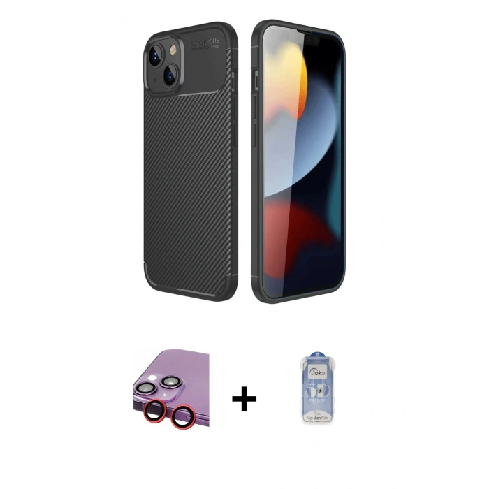 MARSİLYAN™- iPhone 14 Kılıf Eksen Form Prime - Siyah Joko Magic 5D Cam + Raze Metal Kamera Lens - KI