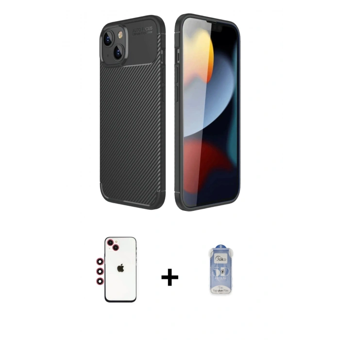 MARSİLYAN™- iPhone 14 Kılıf Eksen Form Prime - Siyah Joko Magic 5D Cam + Shine Kamera Lens - KI