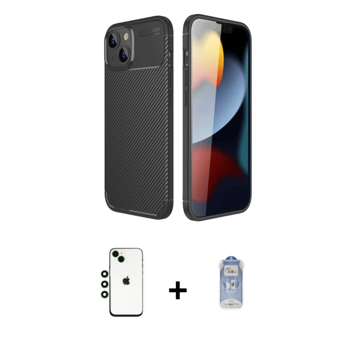 MARSİLYAN™- iPhone 14 Kılıf Eksen Form Prime - Siyah Joko Magic 5D Cam + Shine Kamera Lens - YL