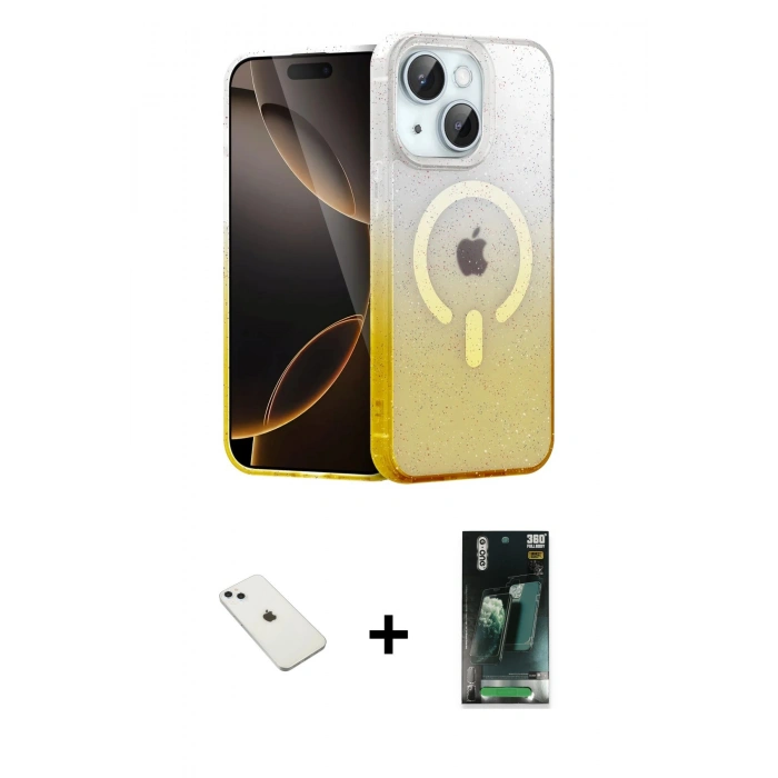 MARSİLYAN™- iPhone 14 Kılıf Eksen Minimal Özel Seri - Şeffaf 360 Full Body Arka Koruyucu + Diamond Kamera Lens - SABE