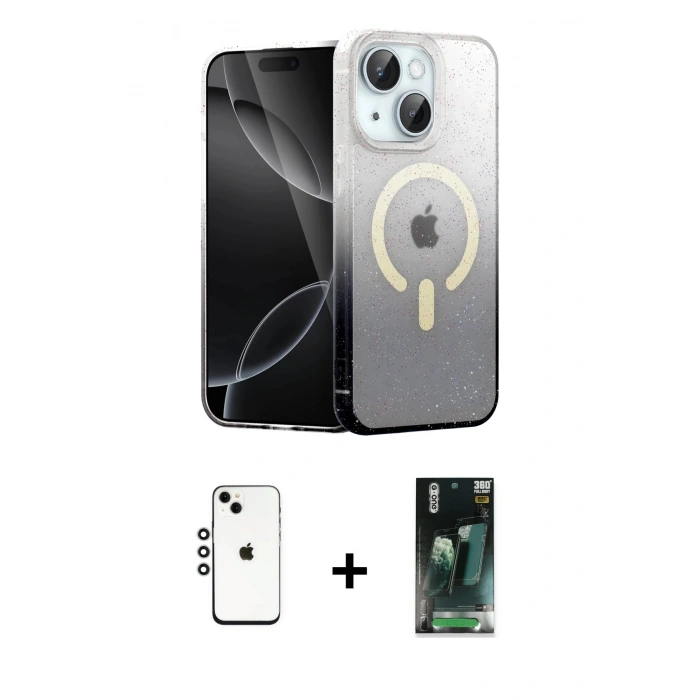 MARSİLYAN™- iPhone 14 Kılıf Eksen Minimal Özel Seri - Şeffaf 360 Full Body Arka Koruyucu + Shine Kamera Lens - GS