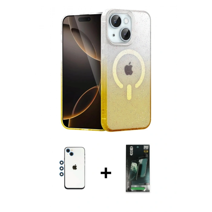 MARSİLYAN™- iPhone 14 Kılıf Eksen Minimal Özel Seri - Şeffaf 360 Full Body Arka Koruyucu + Mavi Shine Kamera Lens