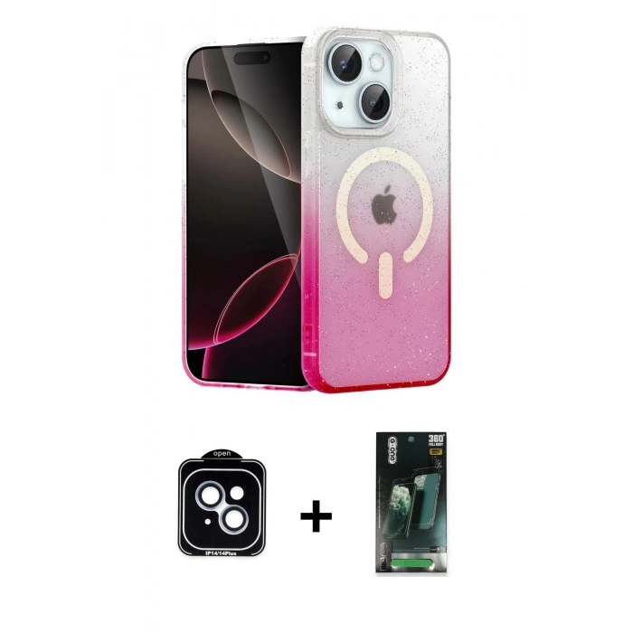 MARSİLYAN™- iPhone 14 Kılıf Eksen Minimal Özel Seri - Şeffaf 360 Full Body Arka Koruyucu + PVD Metal Kamera Lens - MI