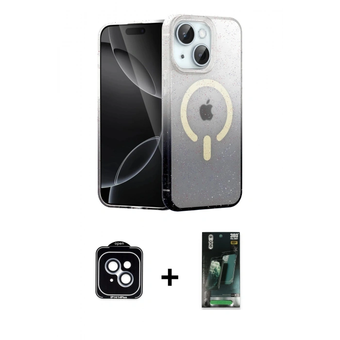 MARSİLYAN™- iPhone 14 Kılıf Eksen Minimal Özel Seri - Şeffaf 360 Full Body Arka Koruyucu + PVD Metal Kamera Lens - MI