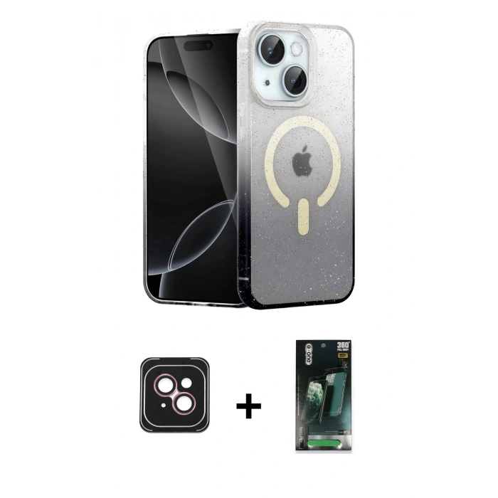 MARSİLYAN™- iPhone 14 Kılıf Eksen Minimal Özel Seri - Şeffaf 360 Full Body Arka Koruyucu + PVD Metal Kamera Lens - PE