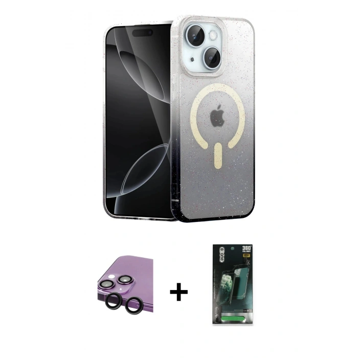 MARSİLYAN™- iPhone 14 Kılıf Eksen Minimal Özel Seri - Şeffaf 360 Full Body Arka Koruyucu + Raze Metal Kamera Lens - SH