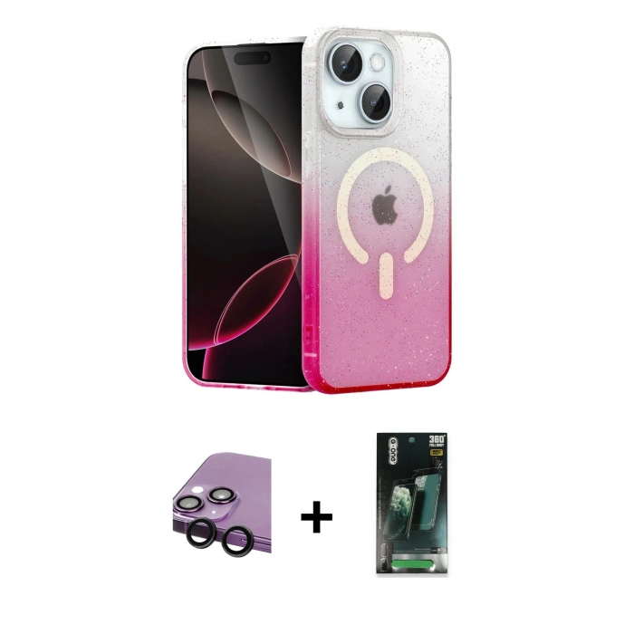 MARSİLYAN™- iPhone 14 Kılıf Eksen Minimal Özel Seri - Şeffaf 360 Full Body Arka Koruyucu + Raze Metal Kamera Lens - SH