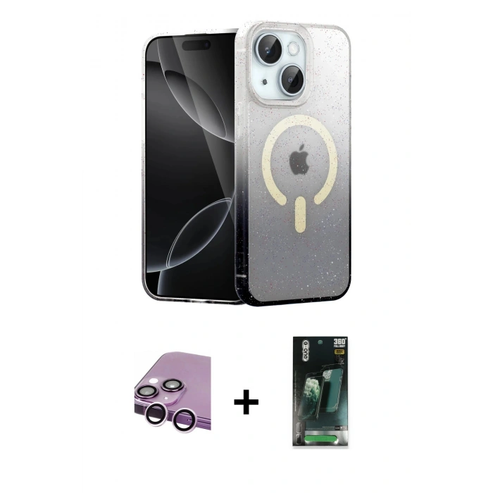 MARSİLYAN™- iPhone 14 Kılıf Eksen Minimal Özel Seri - Şeffaf 360 Full Body Arka Koruyucu + Raze Metal Kamera Lens - MR