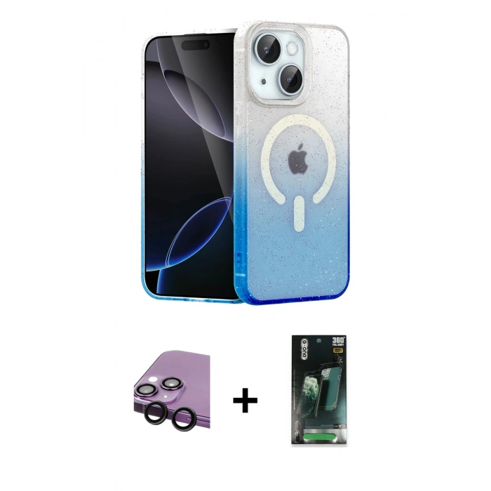MARSİLYAN™- iPhone 14 Kılıf Eksen Minimal Özel Seri - Şeffaf 360 Full Body Arka Koruyucu + Raze Metal Kamera Lens - SH