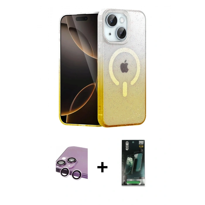 MARSİLYAN™- iPhone 14 Kılıf Eksen Minimal Özel Seri - Şeffaf 360 Full Body Arka Koruyucu + Raze Metal Kamera Lens - MR