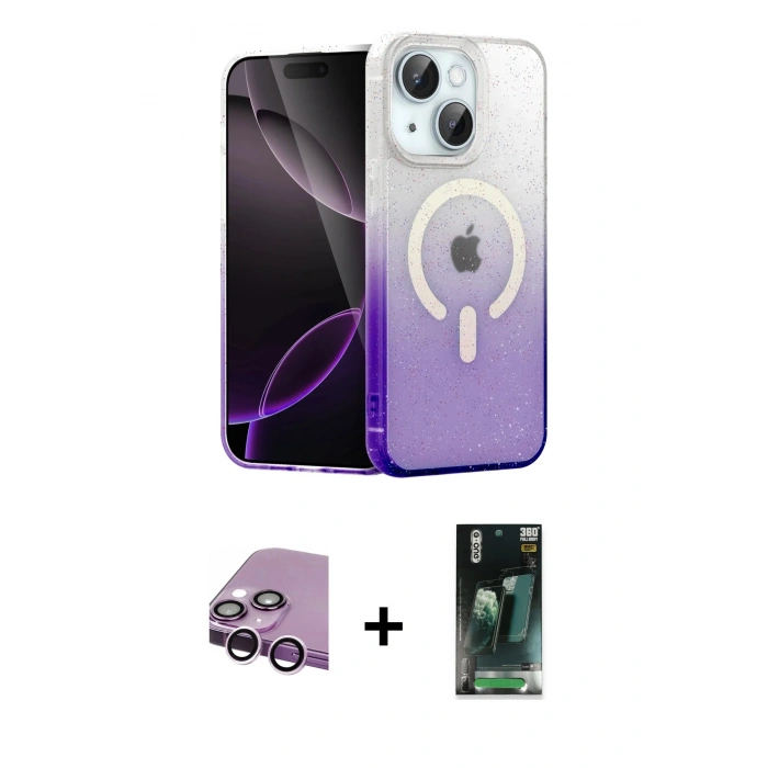 MARSİLYAN™- iPhone 14 Kılıf Eksen Minimal Özel Seri - Şeffaf 360 Full Body Arka Koruyucu + Raze Metal Kamera Lens - MR