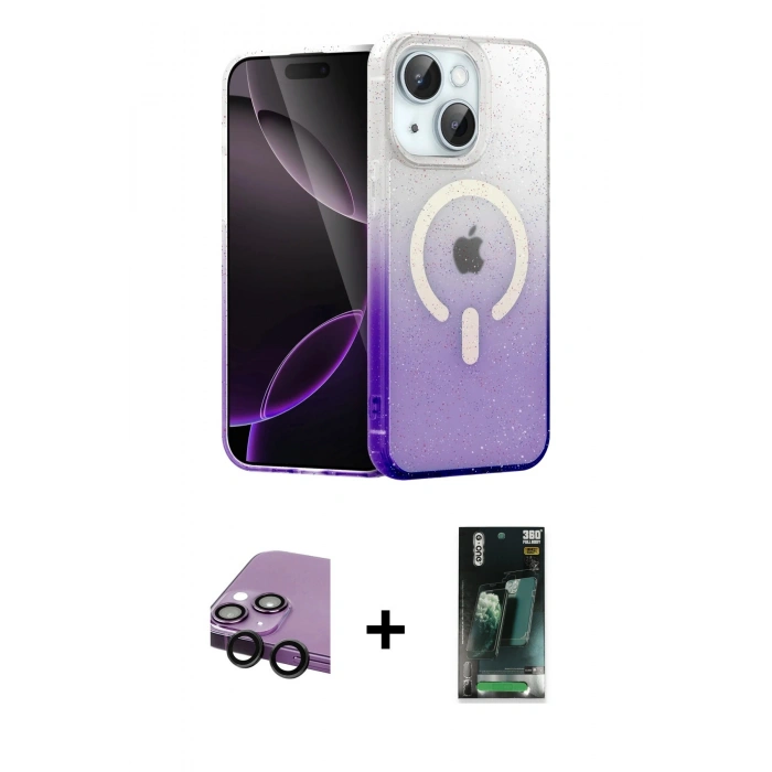 MARSİLYAN™- iPhone 14 Kılıf Eksen Minimal Özel Seri - Şeffaf 360 Full Body Arka Koruyucu + Raze Metal Kamera Lens - SH