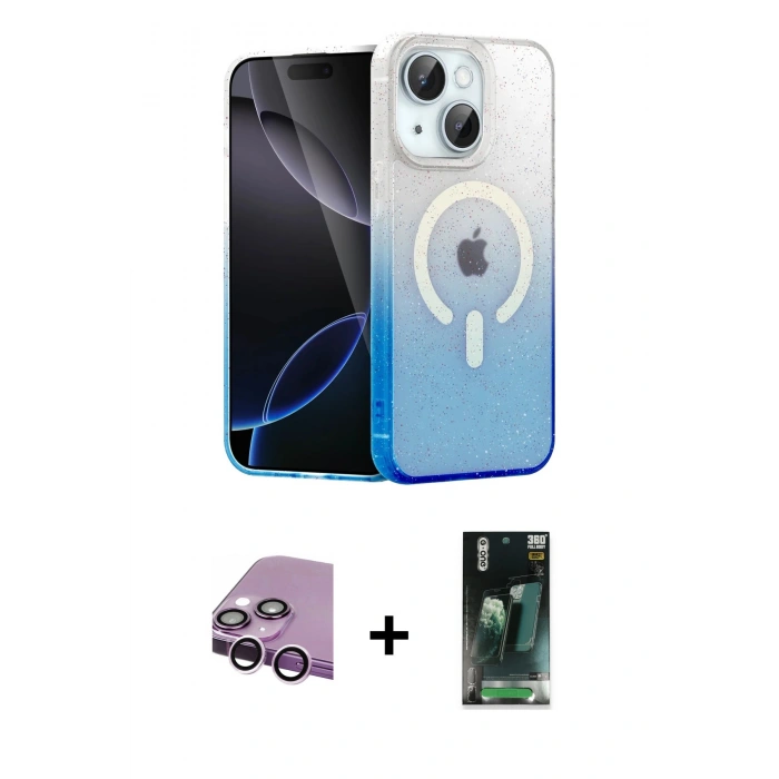 MARSİLYAN™- iPhone 14 Kılıf Eksen Minimal Özel Seri - Şeffaf 360 Full Body Arka Koruyucu + Raze Metal Kamera Lens - MR