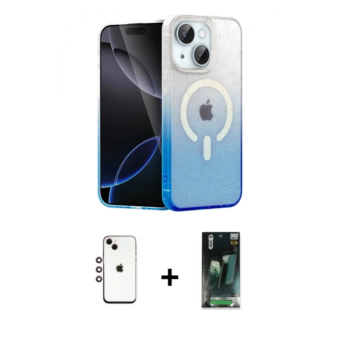 MARSİLYAN™- iPhone 14 Kılıf Eksen Minimal Özel Seri - Şeffaf 360 Full Body Arka Koruyucu + Shine Kamera Lens - GI