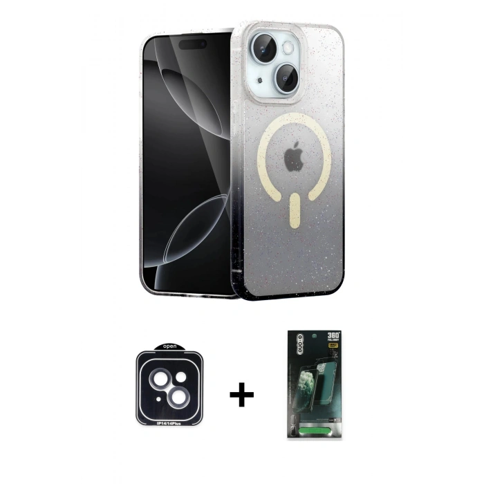 MARSİLYAN™- iPhone 14 Kılıf Eksen Minimal Özel Seri - Şeffaf 360 Full Body Arka Koruyucu + Siyah PVD Metal Kamera Lens