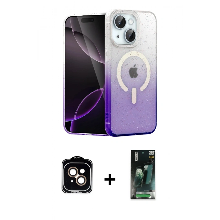 MARSİLYAN™- iPhone 14 Kılıf Eksen Minimal Özel Seri - Şeffaf 360 Full Body Arka Koruyucu + PVD Metal Kamera Lens - TU