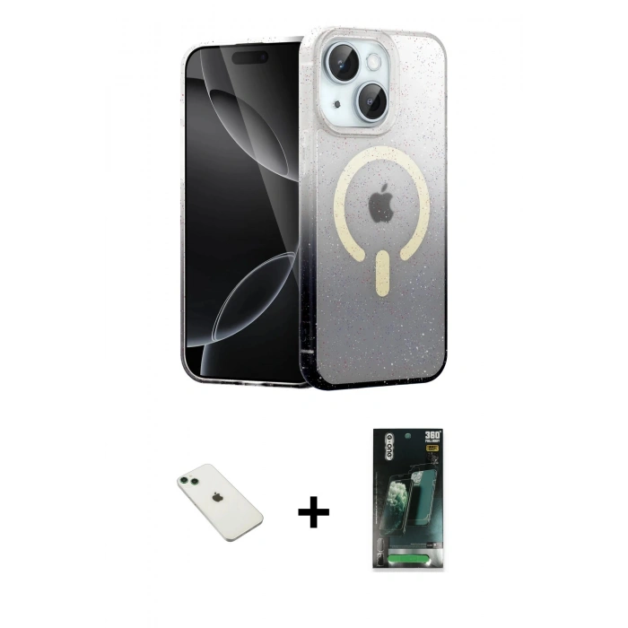 MARSİLYAN™- iPhone 14 Kılıf Eksen Minimal Özel Seri - Şeffaf 360 Full Body Arka Koruyucu + Yeşil Diamond Kamera Lens