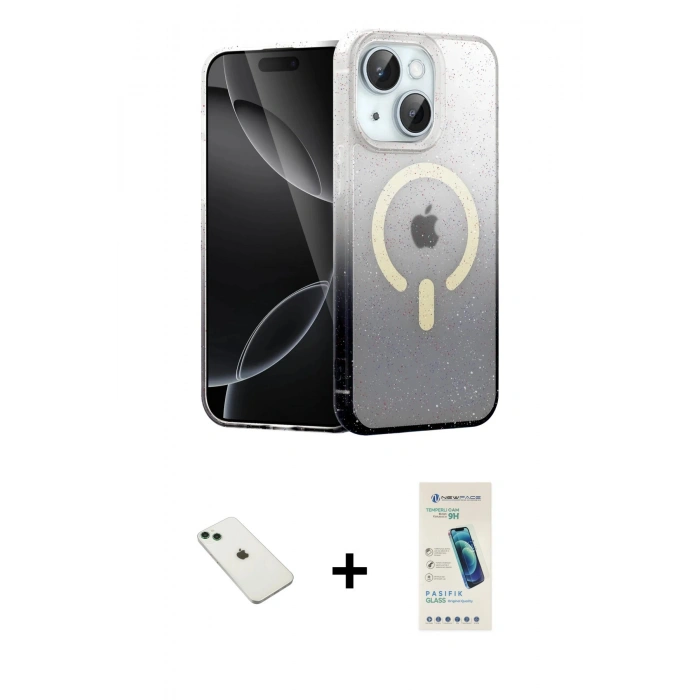 MARSİLYAN™- iPhone 14 Kılıf Eksen Minimal Özel Seri - Şeffaf Pasifik Cam Ekran Koruyucu + Diamond Kamera Lens - YL