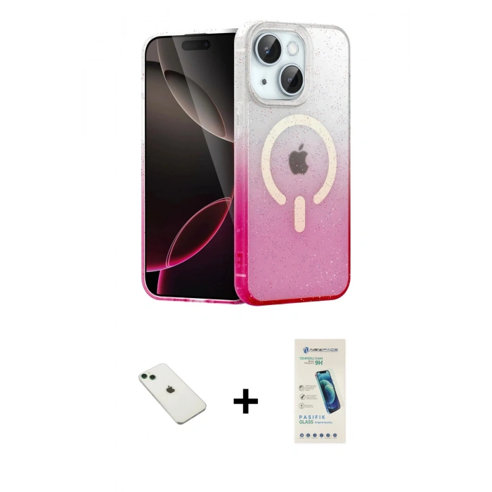 MARSİLYAN™- iPhone 14 Kılıf Eksen Minimal Özel Seri - Şeffaf Pasifik Cam Ekran Koruyucu + Diamond Kamera Lens - YL