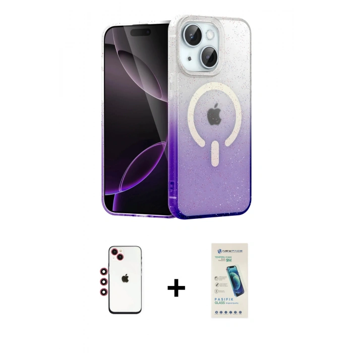 MARSİLYAN™- iPhone 14 Kılıf Eksen Minimal Özel Seri - Şeffaf Pasifik Cam Ekran Koruyucu + Shine Kamera Lens - KI