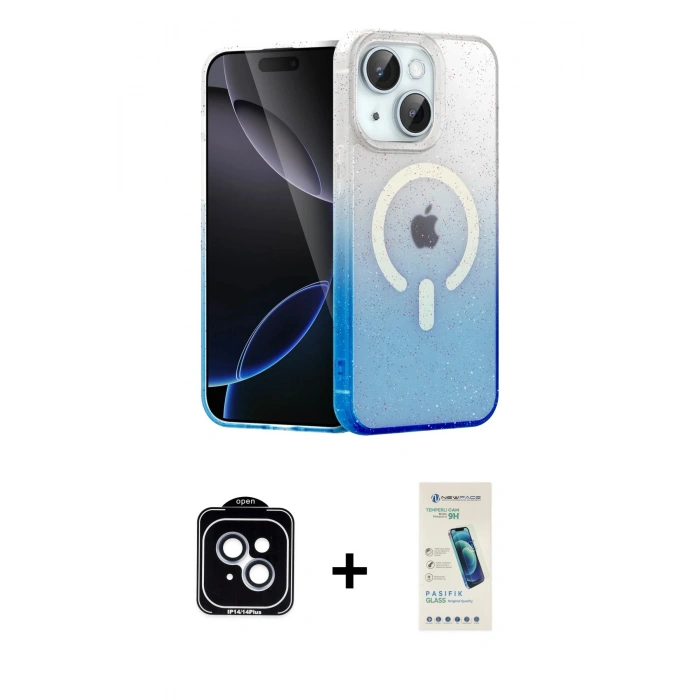 MARSİLYAN™- iPhone 14 Kılıf Eksen Minimal Özel Seri - Şeffaf Pasifik Cam Ekran Koruyucu + Mavi PVD Metal Kamera Lens