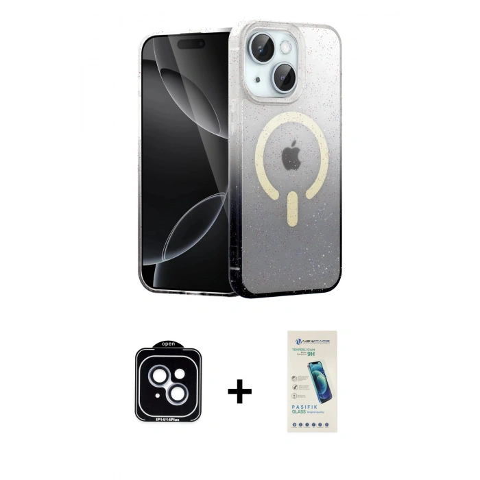 MARSİLYAN™- iPhone 14 Kılıf Eksen Minimal Özel Seri - Şeffaf Pasifik Cam Ekran Koruyucu + Mavi PVD Metal Kamera Lens