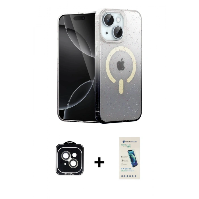MARSİLYAN™- iPhone 14 Kılıf Eksen Minimal Özel Seri - Şeffaf Pasifik Cam Ekran Koruyucu + PVD Metal Kamera Lens - YL