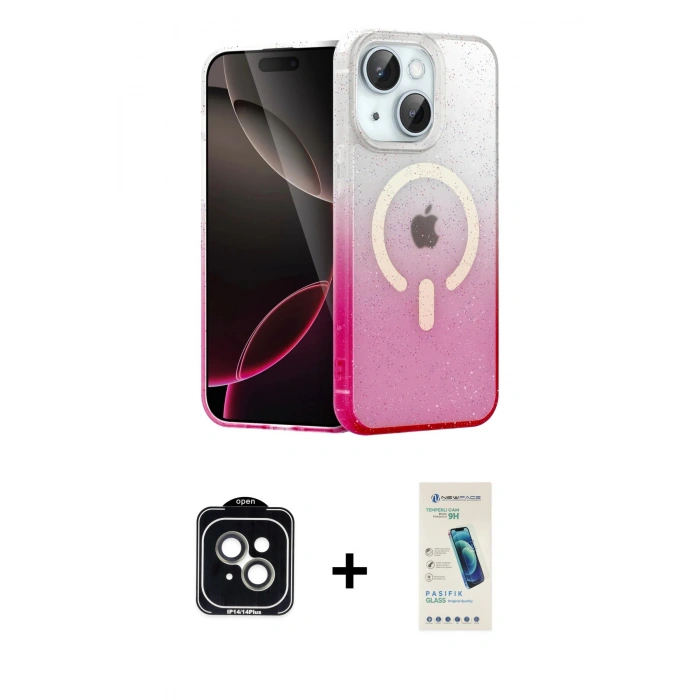 MARSİLYAN™- iPhone 14 Kılıf Eksen Minimal Özel Seri - Şeffaf Pasifik Cam Ekran Koruyucu + PVD Metal Kamera Lens - YL