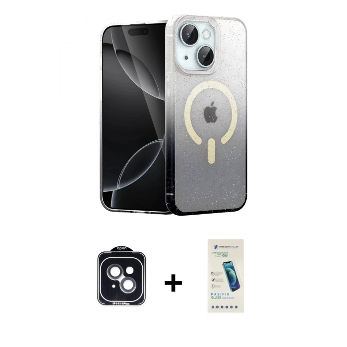 MARSİLYAN™- iPhone 14 Kılıf Eksen Minimal Özel Seri - Şeffaf Pasifik Cam Ekran Koruyucu + PVD Metal Kamera Lens - SH