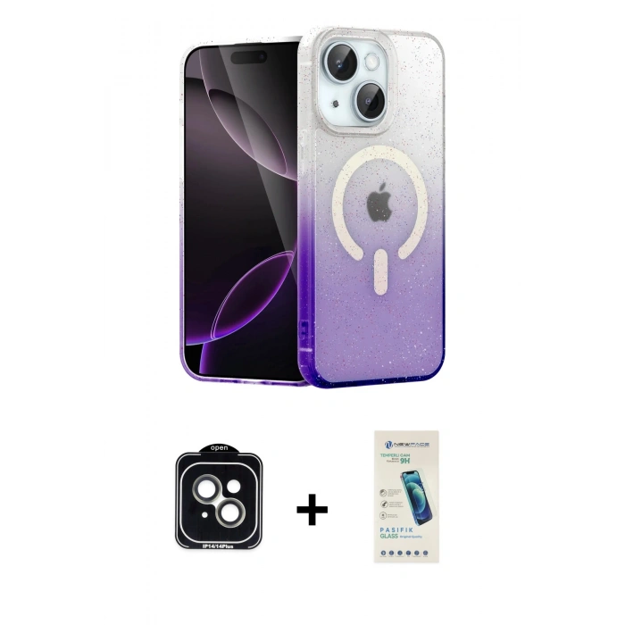 MARSİLYAN™- iPhone 14 Kılıf Eksen Minimal Özel Seri - Şeffaf Pasifik Cam Ekran Koruyucu + PVD Metal Kamera Lens - YL