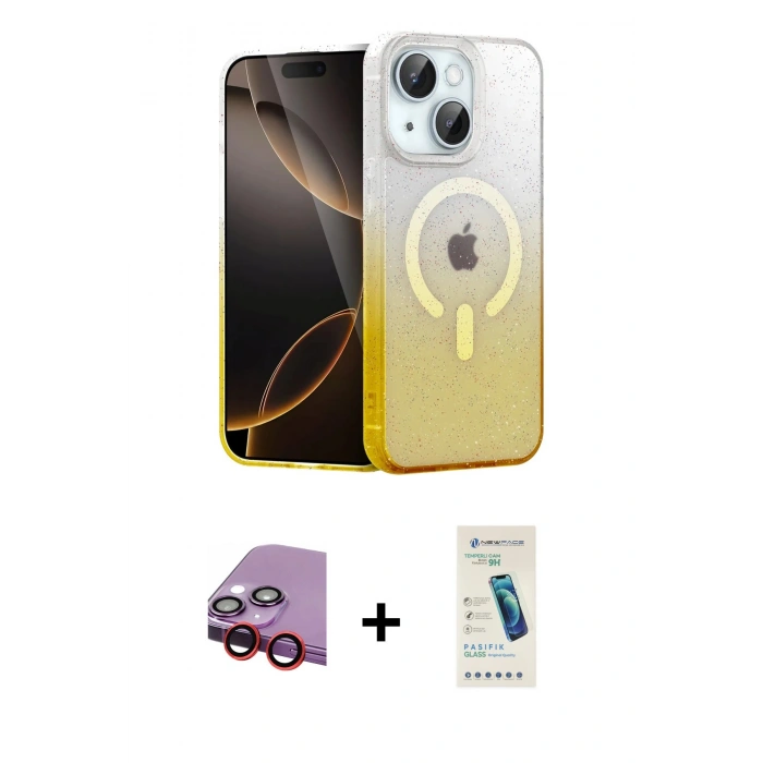 MARSİLYAN™- iPhone 14 Kılıf Eksen Minimal Özel Seri - Şeffaf Pasifik Cam Ekran Koruyucu + Raze Metal Kamera Lens - KI