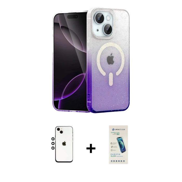 MARSİLYAN™- iPhone 14 Kılıf Eksen Minimal Özel Seri - Şeffaf Pasifik Cam Ekran Koruyucu + Shine Kamera Lens - GS