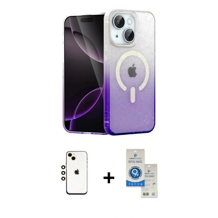 MARSİLYAN™- iPhone 14 Kılıf Eksen Minimal Özel Seri - Şeffaf Royal Nano Ekran Koruyucu + Shine Kamera Lens - GD
