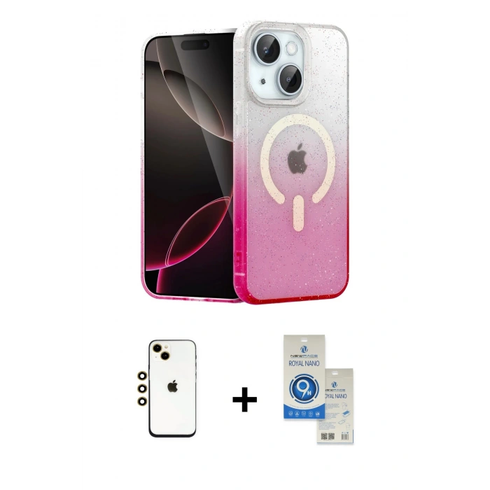 MARSİLYAN™- iPhone 14 Kılıf Eksen Minimal Özel Seri - Şeffaf Royal Nano Ekran Koruyucu + Shine Kamera Lens - GD