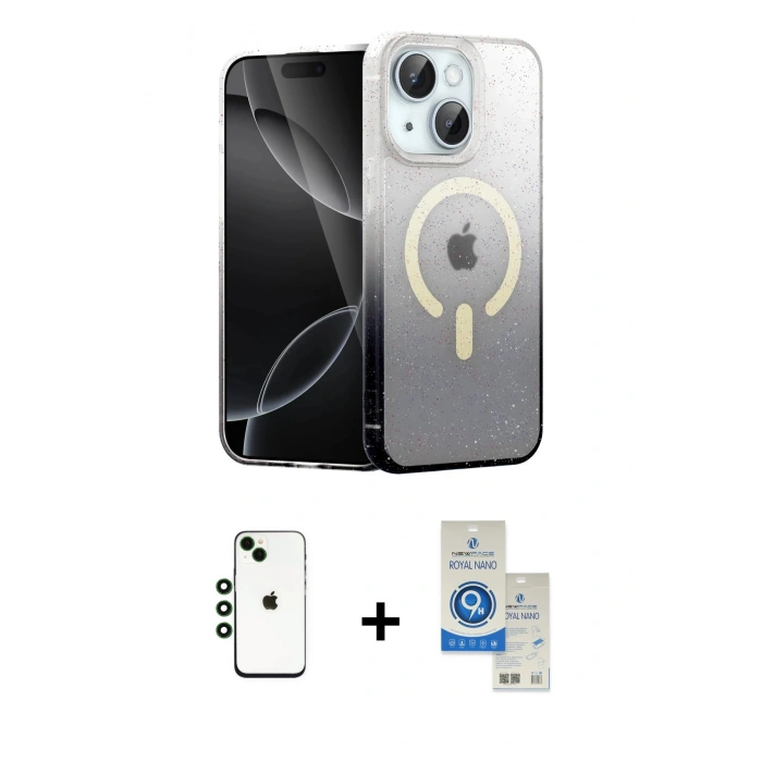 MARSİLYAN™- iPhone 14 Kılıf Eksen Minimal Özel Seri - Şeffaf Royal Nano Ekran Koruyucu + Shine Kamera Lens - YL