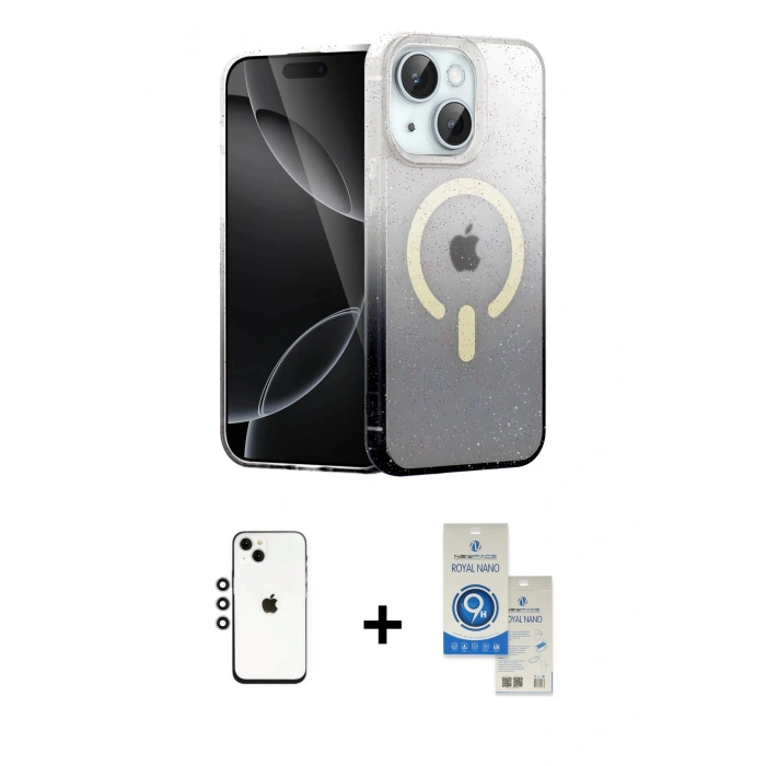 MARSİLYAN™- iPhone 14 Kılıf Eksen Minimal Özel Seri - Şeffaf Royal Nano Ekran Koruyucu + Shine Kamera Lens - GS