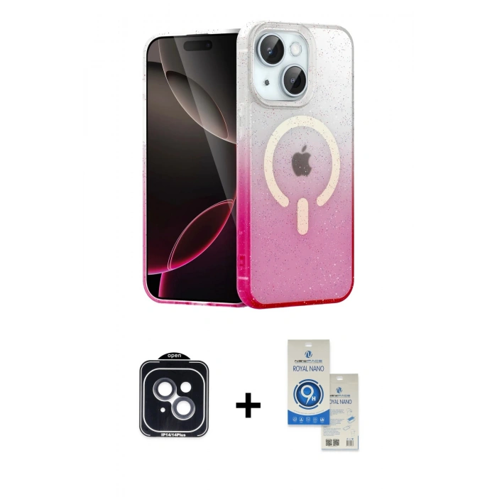 MARSİLYAN™- iPhone 14 Kılıf Eksen Minimal Özel Seri - Şeffaf Royal Nano Ekran Koruyucu + PVD Metal Kamera Lens - SH