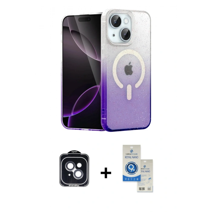 MARSİLYAN™- iPhone 14 Kılıf Eksen Minimal Özel Seri - Şeffaf Royal Nano Ekran Koruyucu + PVD Metal Kamera Lens - SH