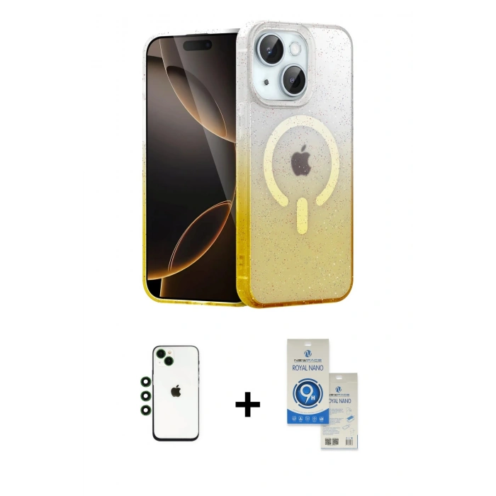 MARSİLYAN™- iPhone 14 Kılıf Eksen Minimal Özel Seri - Şeffaf Royal Nano Ekran Koruyucu + Shine Kamera Lens - YL