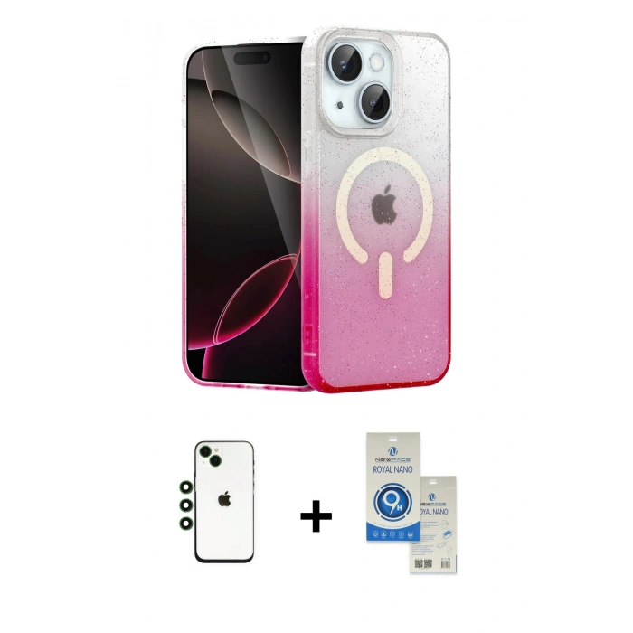 MARSİLYAN™- iPhone 14 Kılıf Eksen Minimal Özel Seri - Şeffaf Royal Nano Ekran Koruyucu + Shine Kamera Lens - YL
